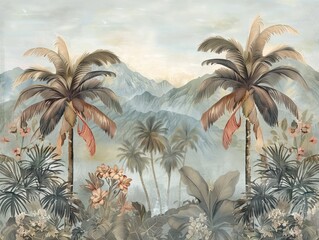 Tropical forest landscape wallpaper design - Mural wallpaper - 3D illustration. AI generated illustration