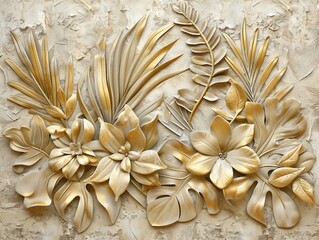 Gold floral plants and palm leaves Wallpaper Mural, 3d illustration, grey background, abstract tropical leaves, banana leaves with 3d lines. AI generated illustration