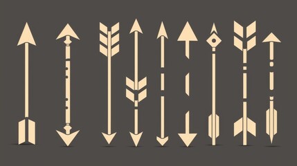 An elegant array of simplistic golden arrows in different shapes and sizes, displayed on a solid dark background, symbolizing direction, navigation, and a minimalist design aesthetic.