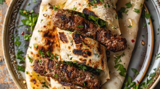 Juicy lula kebab in lavash wrap  grilled meat, herbs, spices revealed in delicate bread