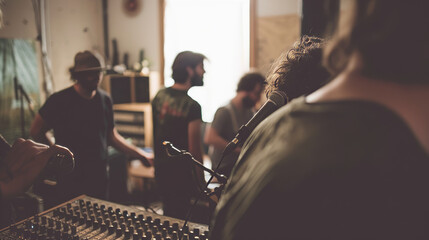 An 1980s music recording studio with analog mixing consoles, microphones on stands, and shelves full of tapes. Musicians with hidden faces, engaged in recording.