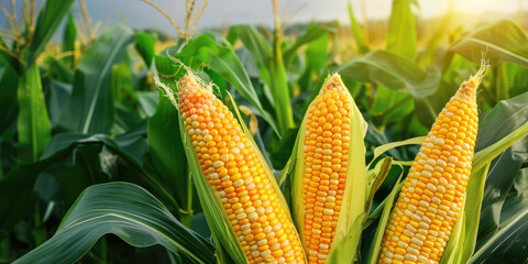 Ripe corn growing in agricultural field is ready for harvest