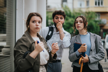 Group of surprised business colleagues standing outdoors, reacting to an unexpected event in the city. Expressions of shock and curiosity.
