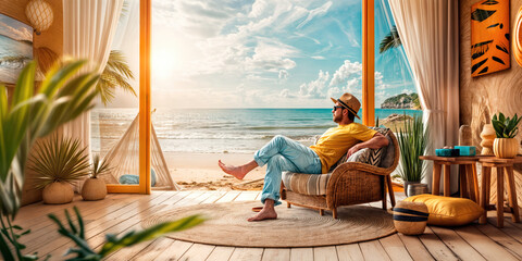 Man relaxing in beach house living room looking at ocean view