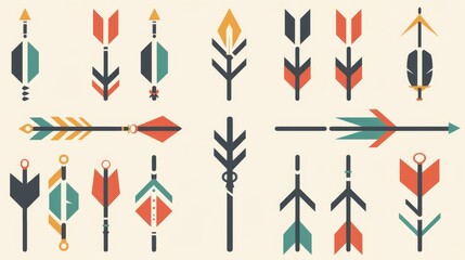 This image showcases an array of stylized, colorful vector arrow designs, each unique in pattern and shape, set against a solid light background.