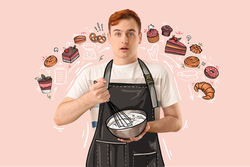 Male confectioner and many drawn sweets on pink background