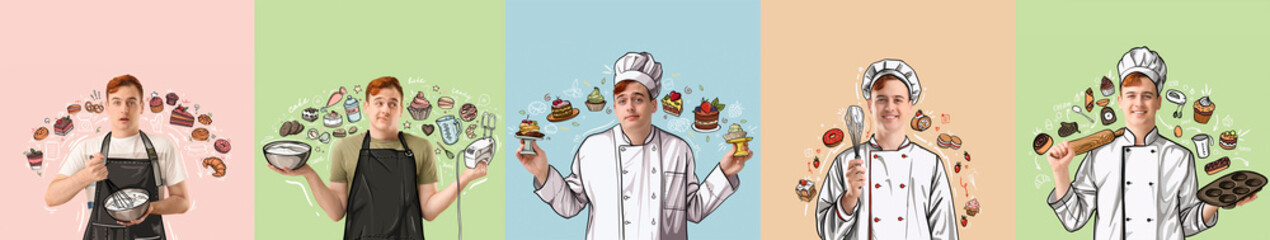 Set of male confectioner and many drawn sweets on color background
