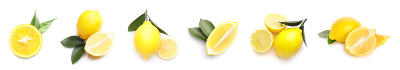 Set of many lemons on white background