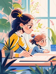 Babysitter concept. Homework in joy with a caring nanny. High quality cartoon illustration, generated by AI