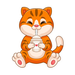 Cute Cat Drink Milk Tea Cartoon