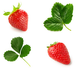Set of tasty ripe strawberry and leaves on white background