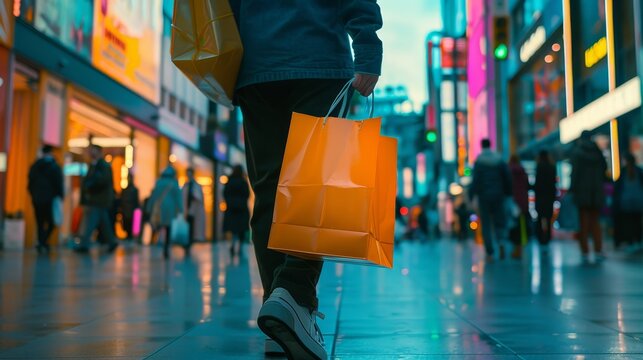 Person holding blank shopping bag mockup in busy retail area for branding display