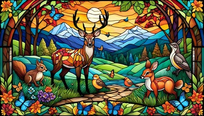 Colorful stained glass landscape art featuring seasons.
