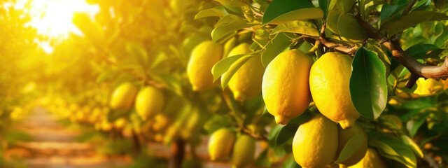 Ripe yellow lemons hanging from branch in orchard