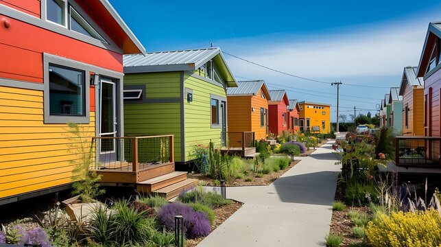 eco-friendly tiny home community, where each residence features brightly colored fiber cement siding, combining personal expression with environmental consciousness