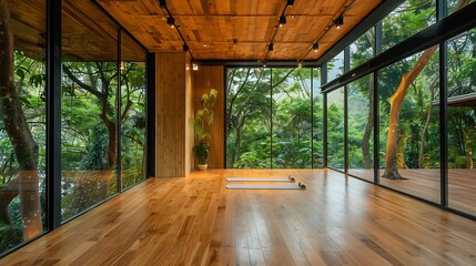 Fototapeta premium eco-friendly yoga studio with a seamless wooden facade and floor-to-ceiling windows that open up to a serene forest