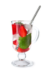 Glass of infused water with strawberry and mint on white background