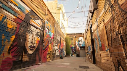 inner-city alley revitalization project featuring artistic wooden murals and installations that transform the space into a cultural hotspot