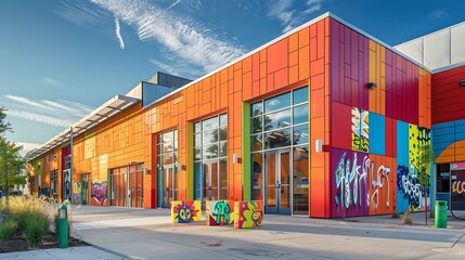 inner-city community arts center rejuvenated with colorful, graffiti-resistant fiber cement siding, fostering a bright and creative environment for local artists