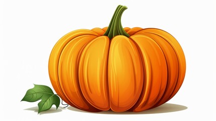 This charming illustration features a plump pumpkin with a green leaf beside it, perfect for autumn-themed designs, educational resources, and festive decorations.