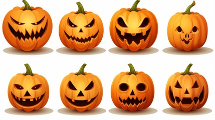 Eight Halloween pumpkins with diverse facial expressions ranging from creepy to humorous, reflecting various styles and creativity for a festive Halloween display.