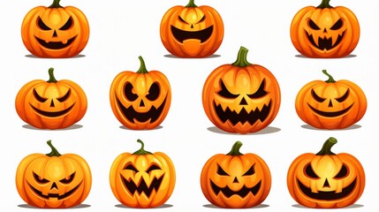 This image features a collection of twelve Halloween pumpkins, each uniquely carved with various spooky expressions, making it perfect for festive seasonal decorations.