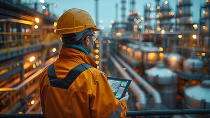 Fototapeta premium An industrial worker in safety gear attentively examines a digital tablet against the backdrop of an illuminated chemical plant.