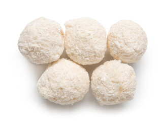 Delicious chocolate candies with coconut topping isolated on white background