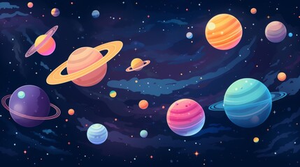 This colorful image features a dynamic and lively animated space scene filled with varied planets and twinkling stars, creating a playful and fantastical outer space ambiance.