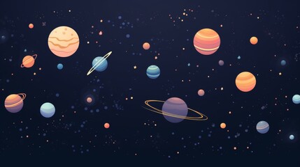 This artistic cartoon space scene features a variety of planets and stars scattered across the vast cosmos, illustrated with a calm and serene atmosphere, showcasing the beauty of space.