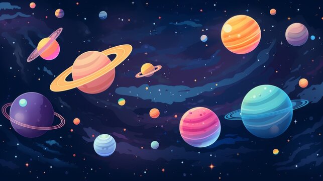 This colorful image features a dynamic and lively animated space scene filled with varied planets and twinkling stars, creating a playful and fantastical outer space ambiance.