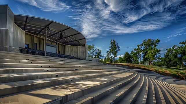 outdoor amphitheater updated with acoustically optimized fiber cement panels, designed to enhance sound quality for live performances while providing a visually appealing aesthetic