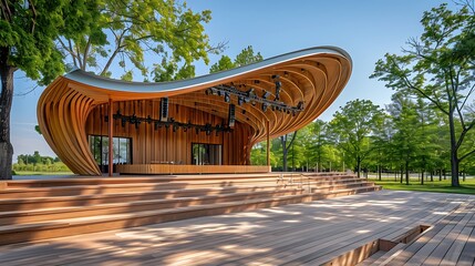 outdoor music venue with a wooden stage and sound shell, designed to enhance acoustics and blend...