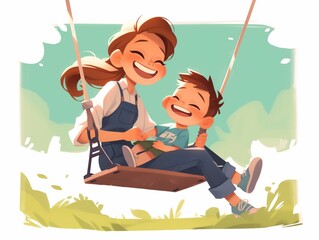 Babysitter concept. Happy moments: a female babbysitter swings with a child on a swing. High-quality cartoon illustration, generated by AI