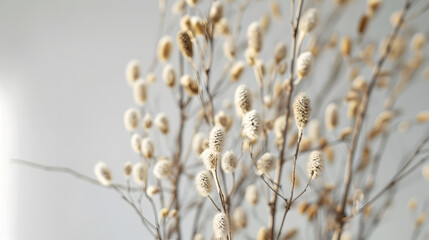 Fototapeta premium Beige dry flowers fluffy like pussy willow branches with selective focus against a white wall : Generative AI