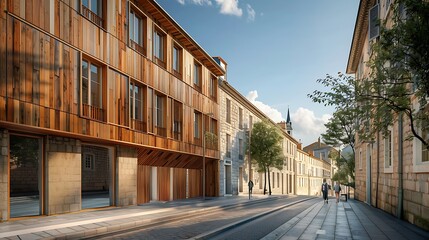 urban renewal project featuring wooden facades on old buildings, adding warmth and a modern twist to the historic city center