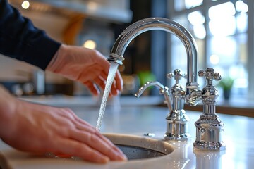 Close-up of a modern kitchen sink with a shiny metal faucet and a persons hand washing. The sink is white ceramic, countertop light-colored, window in the background. Clean, modern look