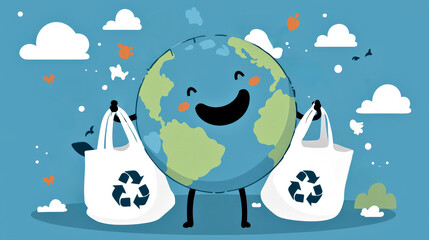 Naklejka premium International Plastic Bag Free Day Happy Earth with Fabric Bag with Recycle Sign, Eco Friendly Environment Protection, Plastic Bag Pollution Concept