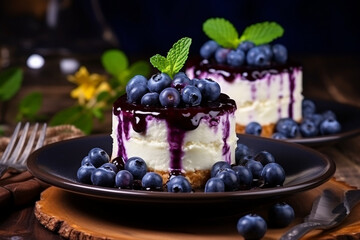 New York cheesecake or classic vanilla cheesecake with blueberries and mint close-up on a brown plate, dessert, menu, recipe, confectionery