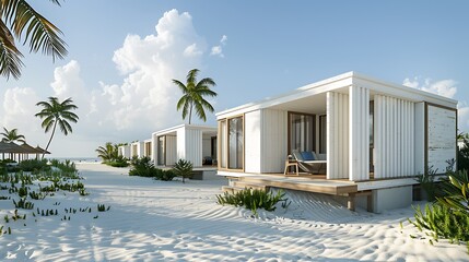 Fototapeta premium beach resort with individual bungalows clad in white fiber cement siding, designed to keep the interiors cool and withstand the salty ocean air