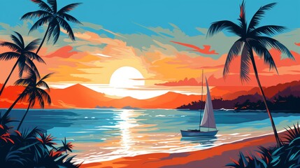A vibrant illustration of a sunset at the beach with a sailboat in the water. The lush tropical setting exudes tranquility and natural beauty, perfect for unwinding.