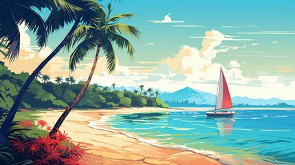 A serene illustration of a beach scene featuring a sailboat and blue water. The tropical environment, vibrant colors, and peaceful setting evoke a sense of calm and relaxation.