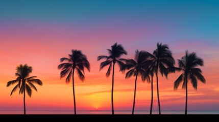 A captivating image of palm trees silhouetted against a vibrant sunset sky, demonstrating the enchanting beauty of twilight with striking colors and serene mood.