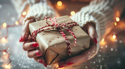 Minimalistic christmas gift held against light background, high quality realistic photo