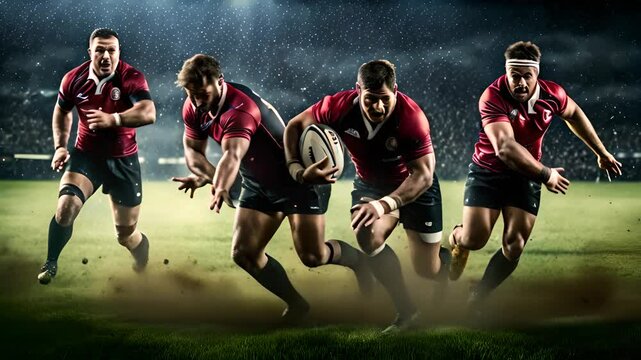 Rugby Players Run During Night Game Generative AI