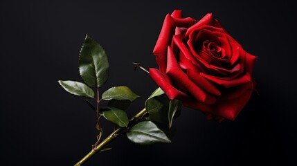 A stunning red rose captured in close-up against a dark background, highlighting its vibrant petals and lush green leaves.