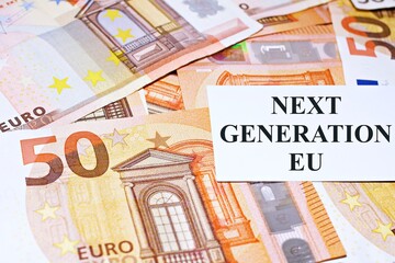 Close up of 50 euros banknotes with the sign 