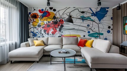 Stylish living room interior designed with a blend of modern and edgy elements, showcasing a unique kinky wallpaper art. The room includes a chic sectional sofa, a trendy floor lamp, and a monochrome
