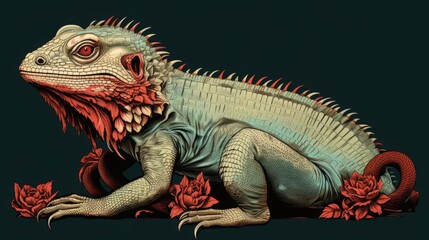 Fototapeta premium This image features a detailed lizard with striking red accents on its back and around its neck, surrounded by beautifully rendered red flowers on a dark background.