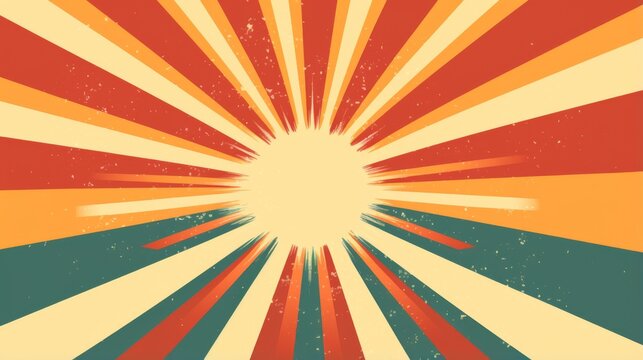 This abstract design features a sunburst effect with rays radiating in red, yellow, and green, creating a dynamic and vibrant composition symbolizing energy and enthusiasm.
